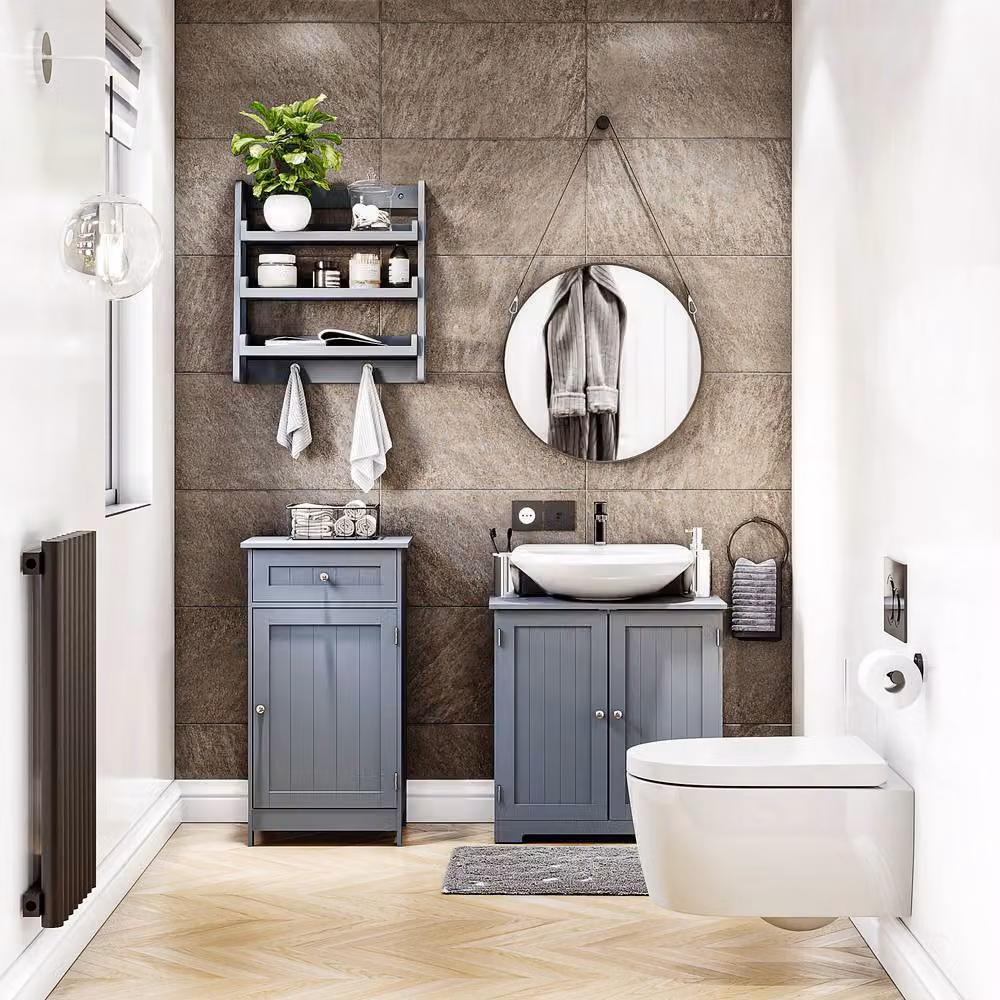 HD Designs Modern Grey Freestanding Bathroom Storage Cabinet with 1 Door and 1 Drawer – 3