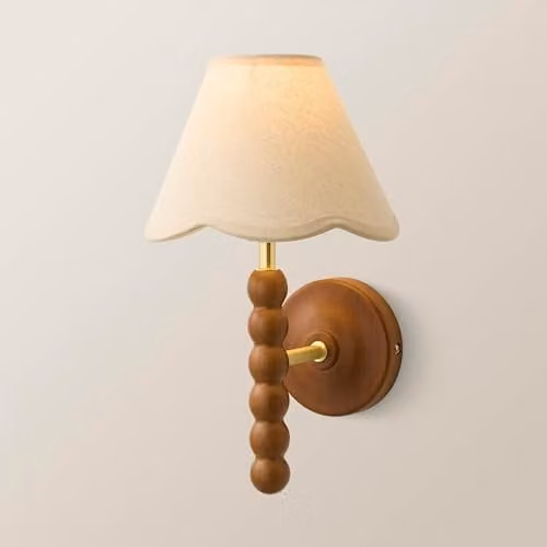 ValueLights Bobbins Walnut Bobble Wall Light with Beige Fabric Shade