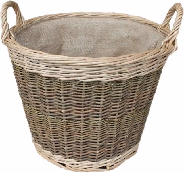 Red Hamper Unpeeled Wicker Log Basket with Hessian Lining in Brown, Diameter: 33 cm