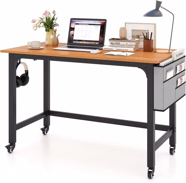 Gymax Rolling Computer Desk with Lockable Castors and Detachable Bag in Brown – 1