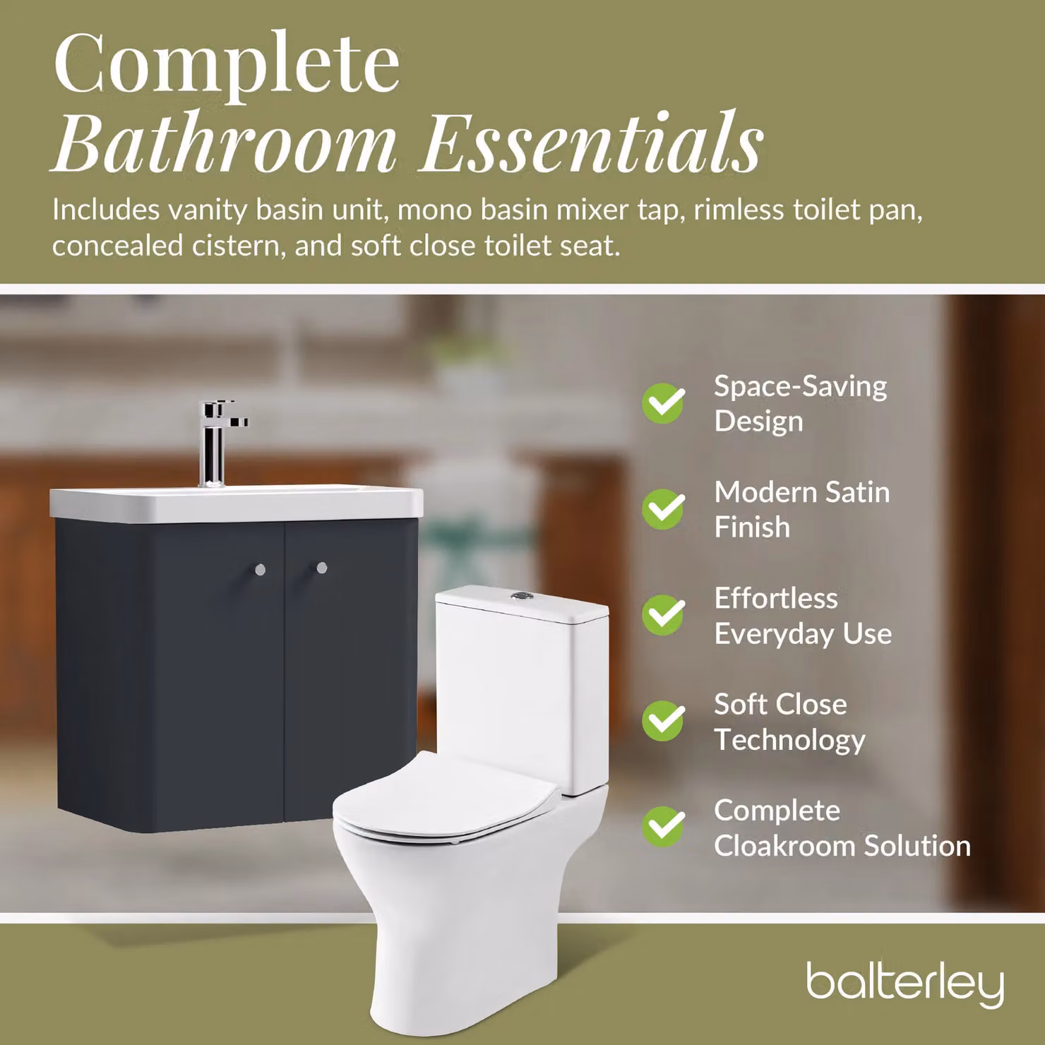 Balterley Modern Wall Mounted 2 Door Grey Bathroom Vanity Unit with Tap and Toilet Pack, W: 57.9 cm – 3