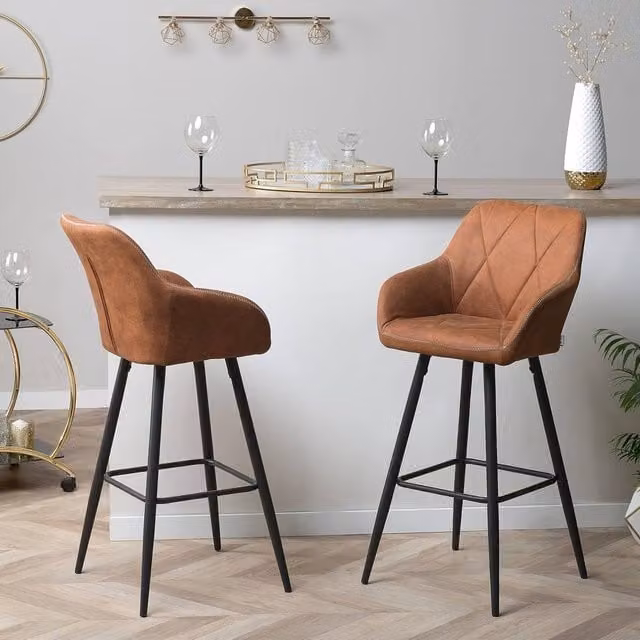 Wyld and Coco Brown Quilted Fabric Bar Stools with Armrests, Set of 2 – 1