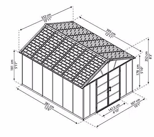 Palram Yukon Metal Tool Shed with Polycarbonate Panels and Double Doors, Grey, W: 332 cm, L: 395 cm, H: 252 cm – 4