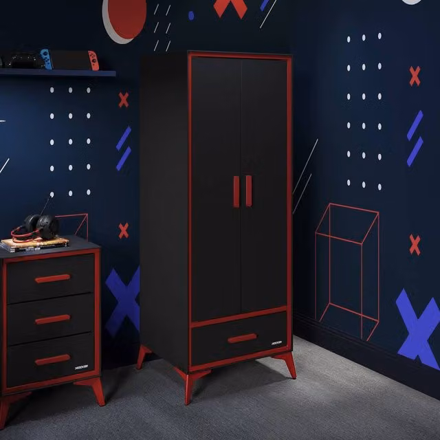 X Rocker Arcane Canvas 2 Door Wardrobe with Drawer in Black and Red