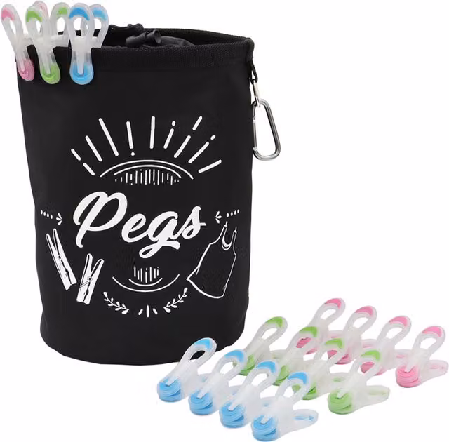 JVL Large Peg Bag with 72 Prism Soft Touch Mini Fabric Pegs in Black