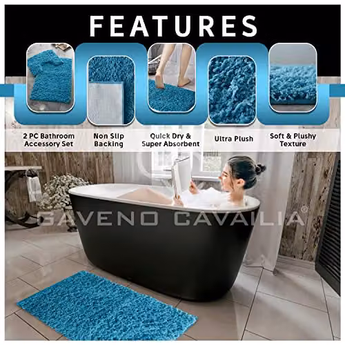 Gaveno Cavailia 2 Piece Zero Twist Non-Slip Bath Mat and Pedestal Set, Turquoise, W/D/H: 80 x 50 cm and 50 x 40 cm – 2