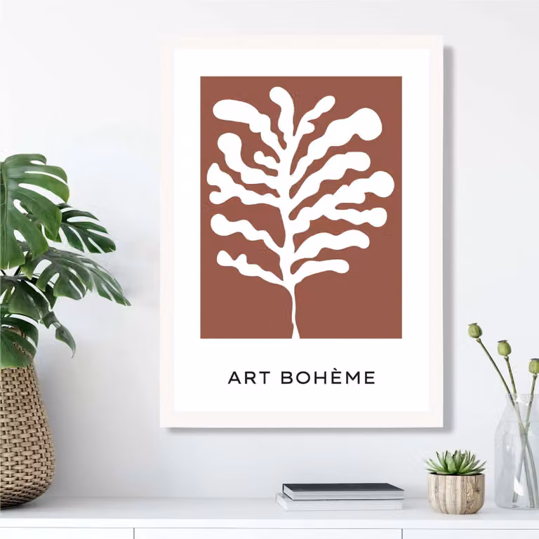 ARTZE Matisse Style Floral Cutout Framed Print in Red, White and Brown, A2 Size