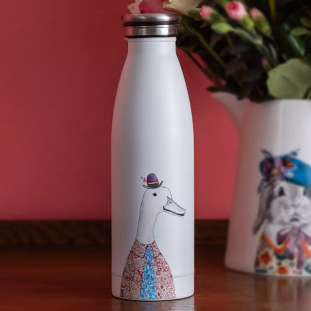 Mikasa Tipperleyhill Duck Print Vacuum Insulated Stainless Steel Travel Water Bottle, 500ml, White