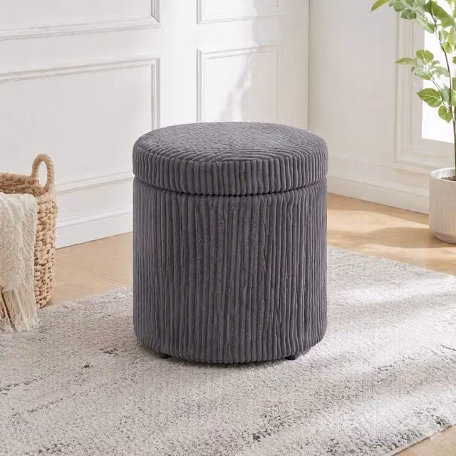 STILVORA Grey Fabric Cylindrical Storage Ottoman with Hidden Storage – 1