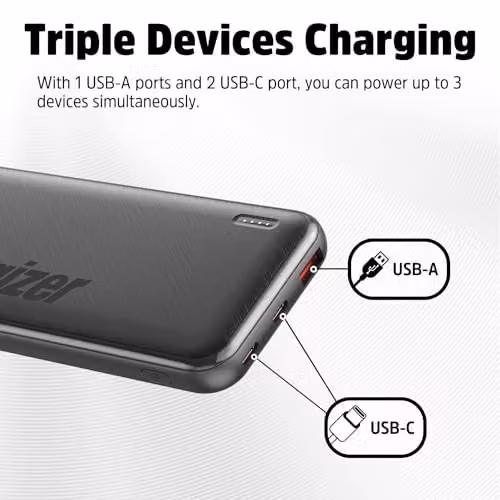 Energizer Black Power Bank 10,000mAh with USB-A and USB-C Triple Fast-Charging Ports – 6