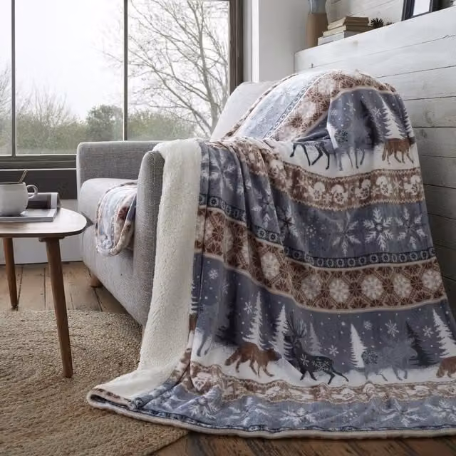 Happy Linen Company Norwegian Ethnic Brown Fluffy Sherpa Fleece Throw, W: 200 cm