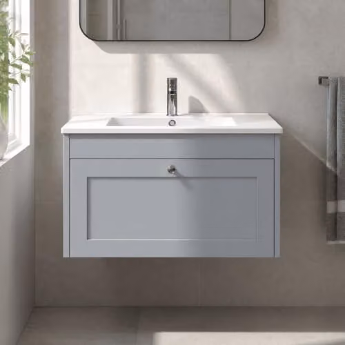 Balterley Wall Hung Grey Bathroom Vanity Unit with Rectangular Basin and Soft Close Single Drawer W/D/H: 80 x 45.3 x 43.1 cm – 2