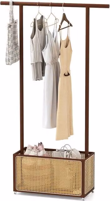 Costway Bamboo Clothes Rack and Coat Hanger Stand with Rattan Storage Basket in Brown