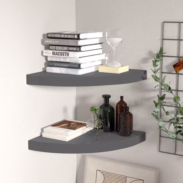 Berkfield Home Floating Corner Shelves, 2 Piece Set in High Gloss Grey, W/D/H: 35 x 35 x 3.8 cm – 1