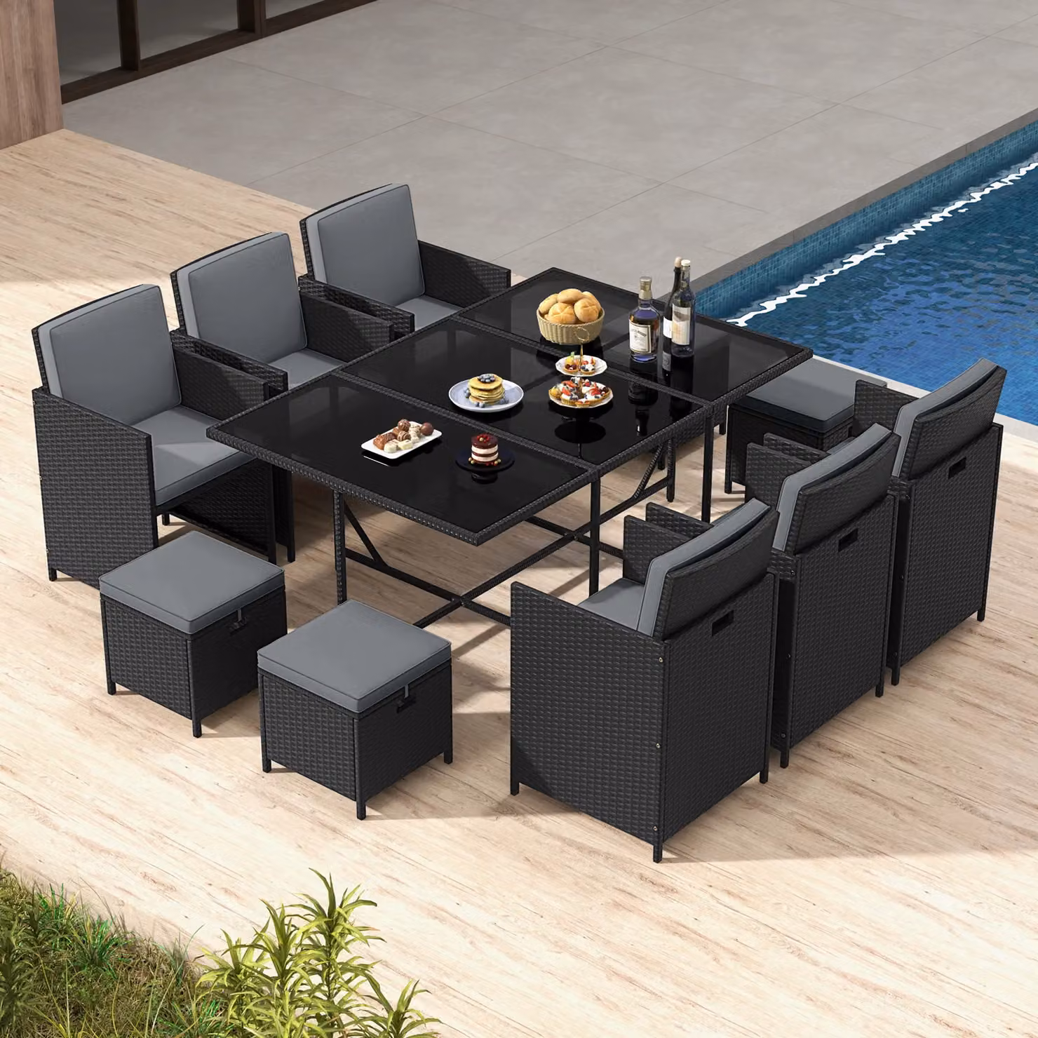 Gymax 11 Piece Grey Patio Dining Set with Tempered Glass Table and Rattan Ottomans – 6