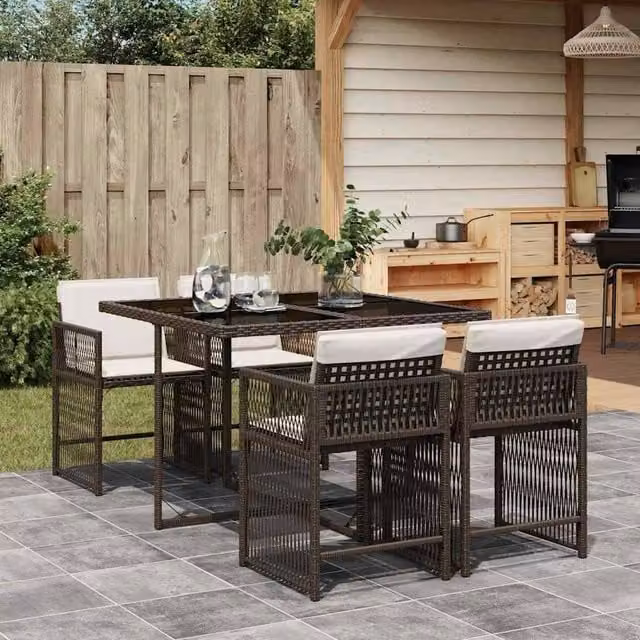 Berkfield Home 5 Piece Brown Poly Rattan Garden Dining Set with Cushions and Glass Top – 1