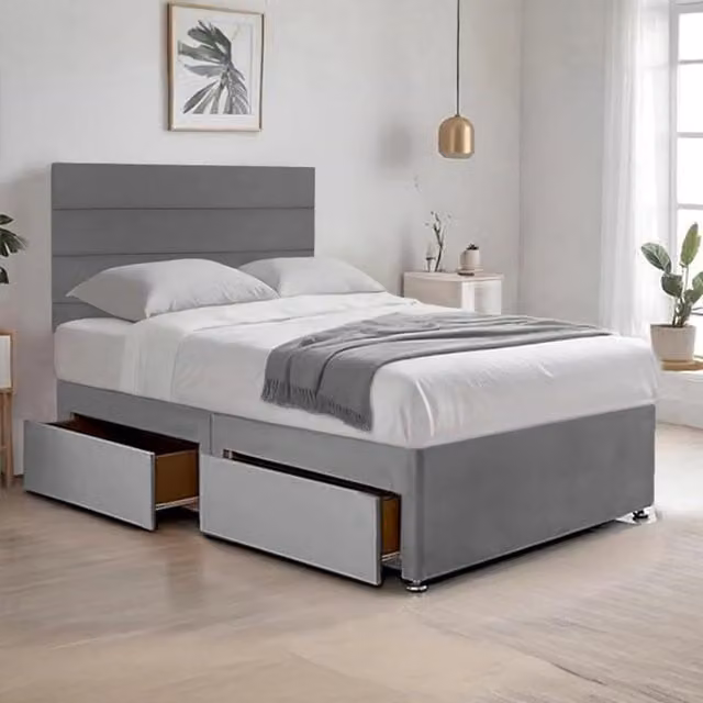 Bed Time UK Cosy Plush Grey Velvet Divan Bed with Hybrid Mattress, Drawers and 20 inch Headboard, W/D/H: 90 x 190 x 50.8 cm