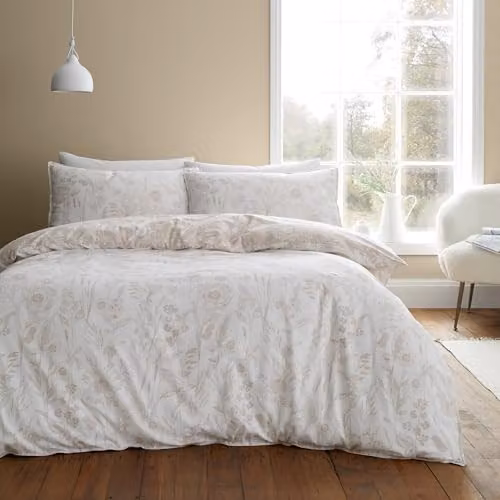 Bianca Brushed Cotton Floral Toile Reversible King Duvet Cover and Pillowcase Set in Beige, W/D/H: 220 x 180 x 220 cm