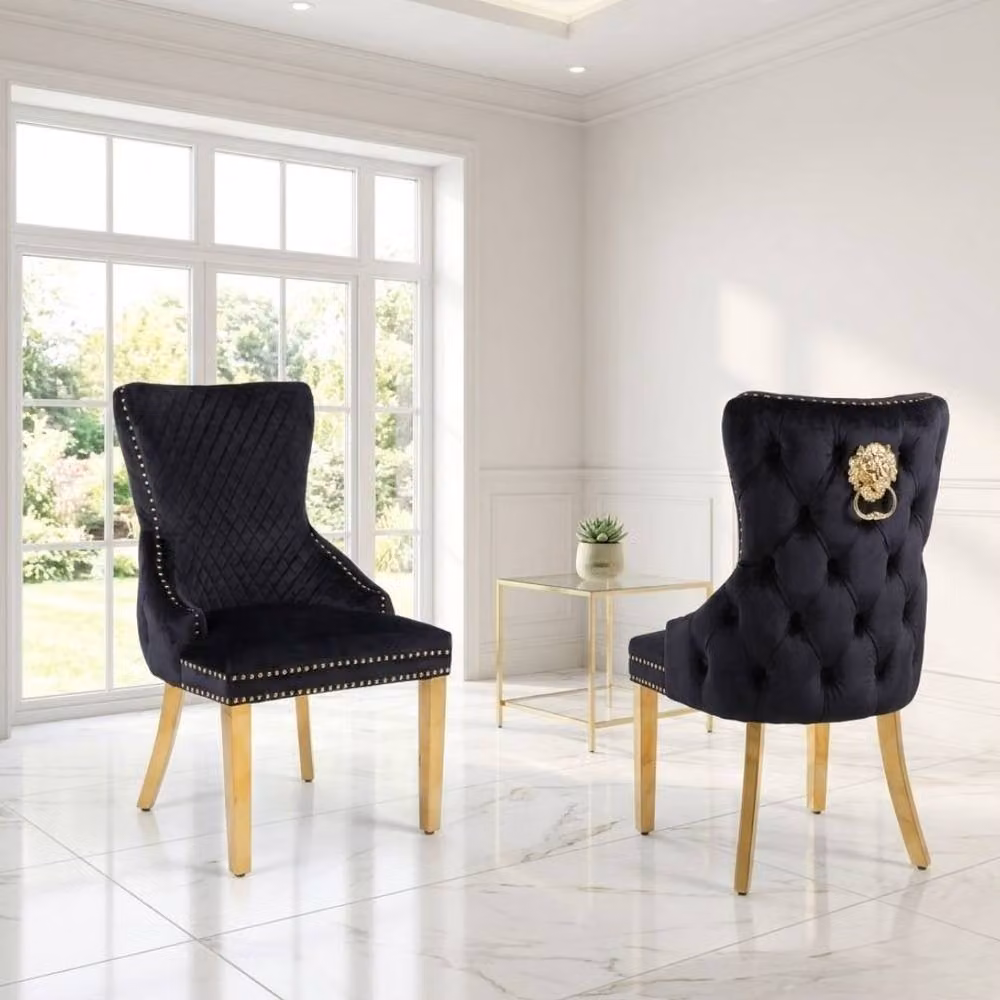 Home Luxe Interior Set of 2 Black Victoria Velvet Dining Chairs with Gold Metal Legs – 2
