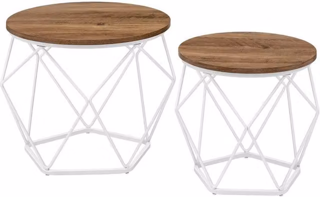 KORVIXA Set of 2 Round Geometric Coffee and Side Tables in Honey Brown and Cloud White, W/D/H: 100 x 100 x 100 cm