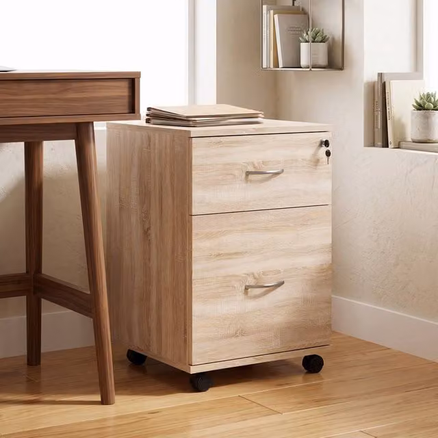 ERGOVEXA Two Drawer Lockable Filing Cabinet in Natural White Oak with Castors, H 58.0 cm x W 39.0 cm x D 41.0 cm