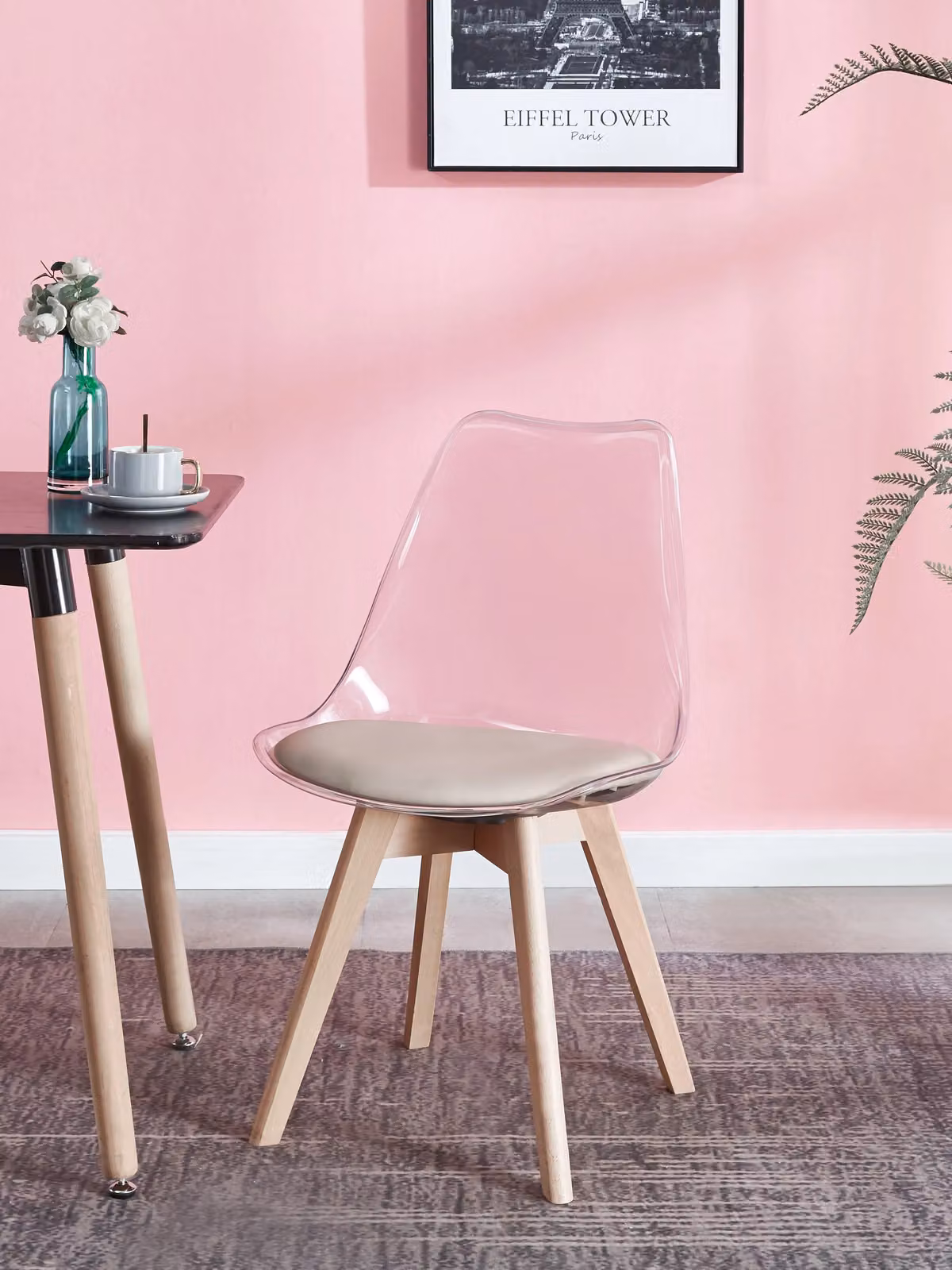 Nordlys Set of 4 Scandinavian Dining Chairs in Beige Bouclé with Transparent Beech Wood Legs – 2