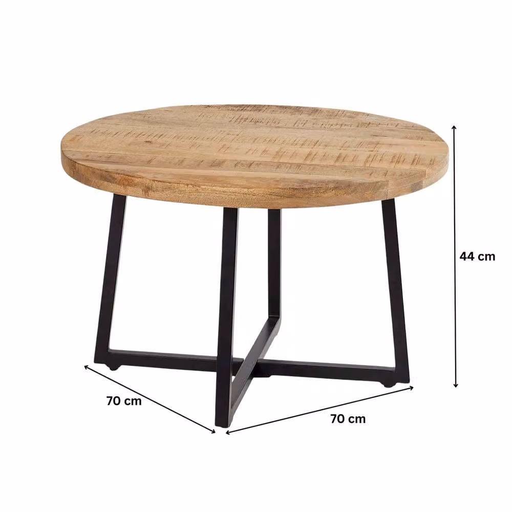 FORGEVIO Round Mango Wood Coffee Table with Brown Criss Cross Iron Frame – 2