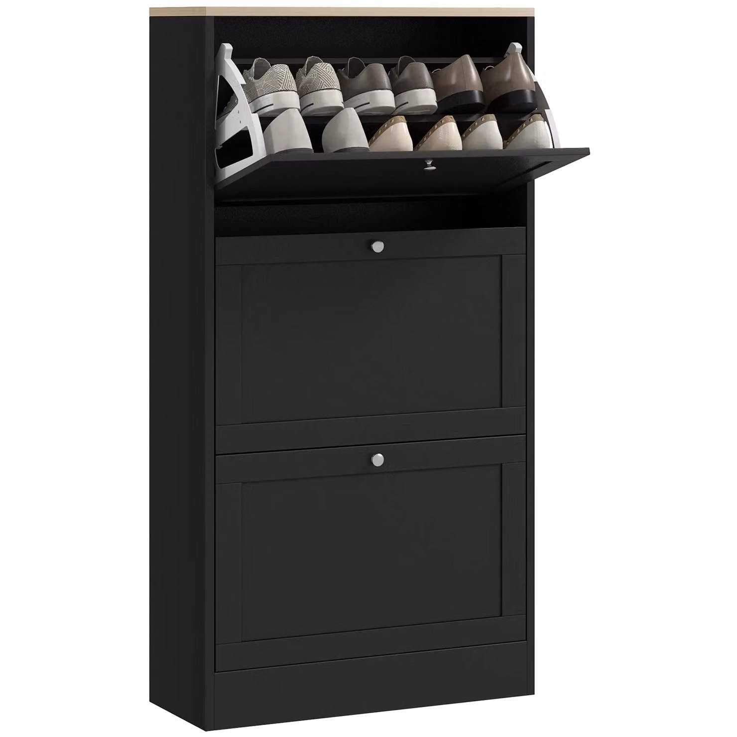 HOMCOM Modern Narrow Black Shoe Cabinet with 3 Tilting Compartments and Internal Shelves – 2
