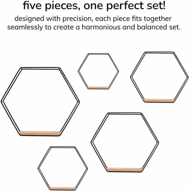 Nordara Natural and Black Wall Mounted Hexagon Floating Shelves, Set of 5, Width: 45 cm – 1