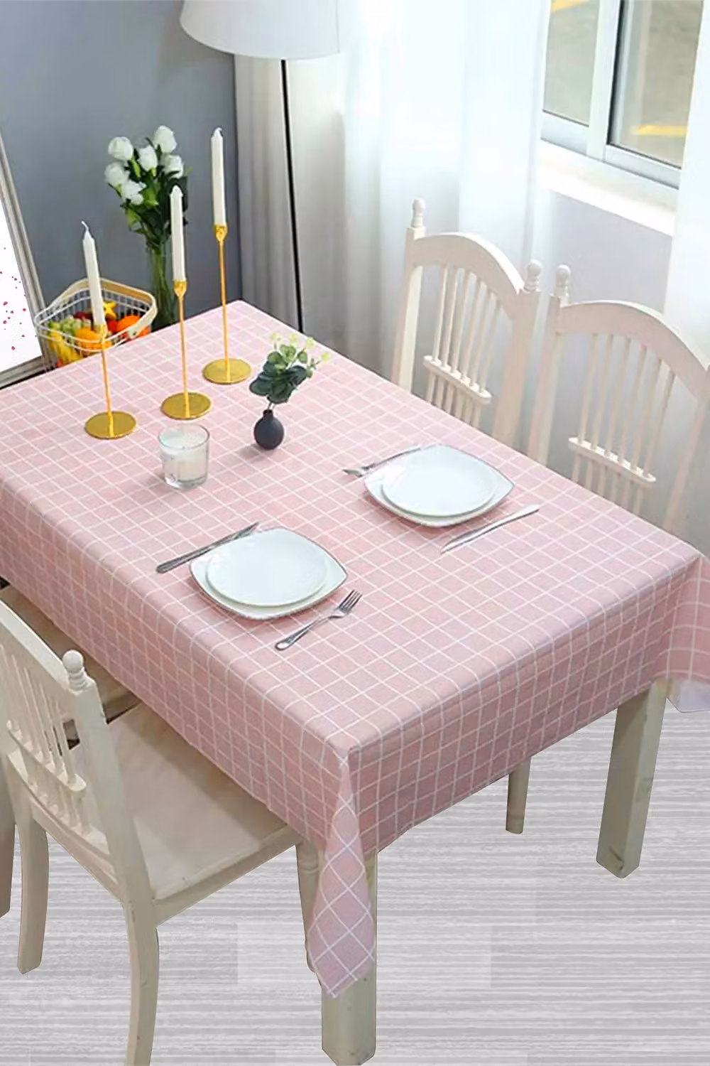 Neel Blue Checked PVC Rectangular Tablecloth in Fuchsia, W: 137 cm, L: 180 cm – 2