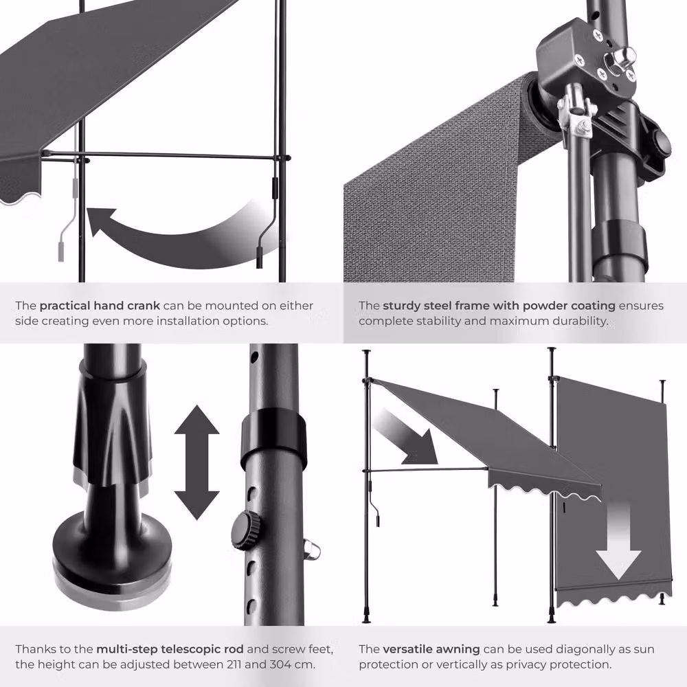 tectake Grey Adjustable Awning with Hand Crank, W/D/H: 300 x 180 cm – 4