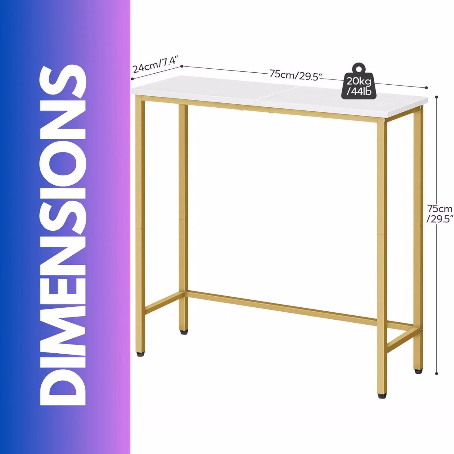 FURNOS Industrial Slim Console Table in Gold for Hallway or Living Room, W/D/H: 75 x 24 x 75 cm – 2