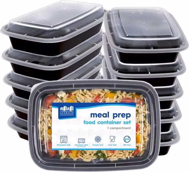 Harbour Housewares Reusable Plastic Meal Prep Containers with Snap Lid, 1120ml, Pack of 10, Black – 1