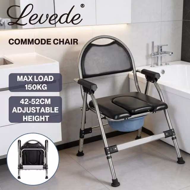 Levede Folding Commode Chair, Adjustable Height Toilet and Shower Seat, Black