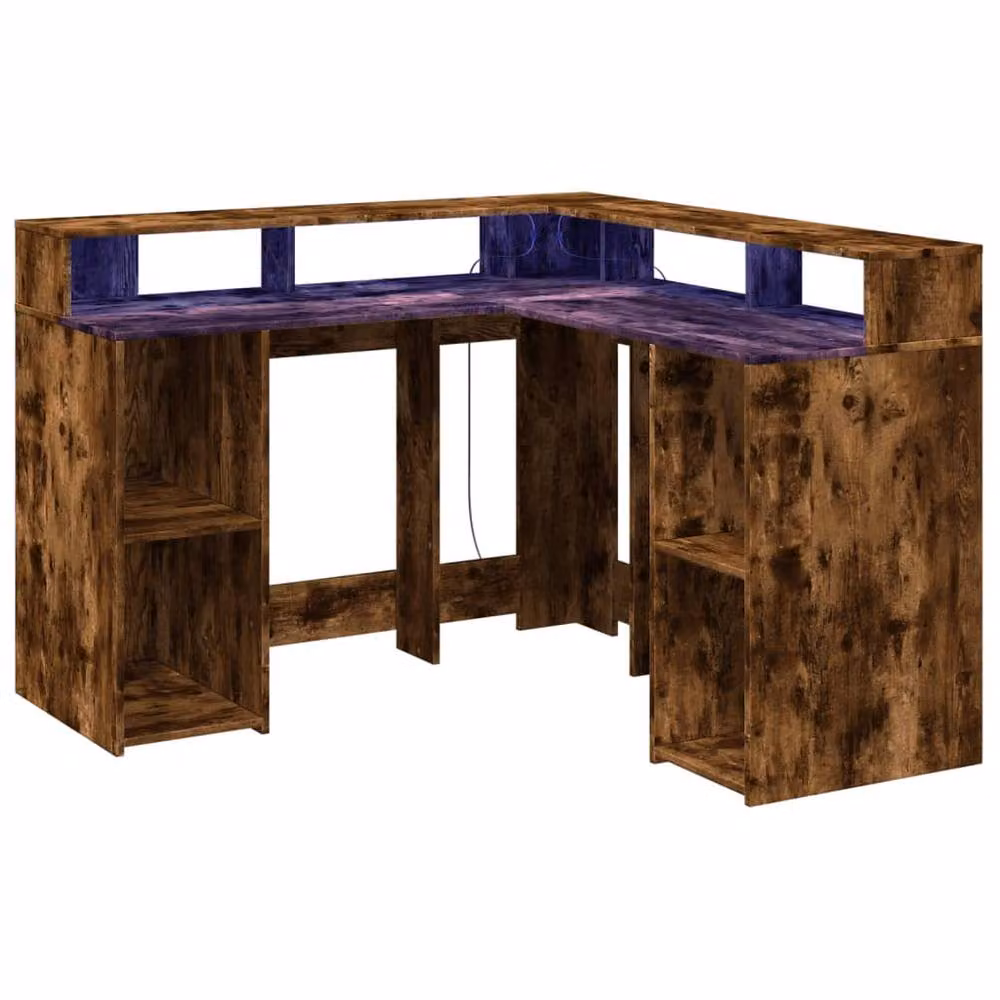 Berkfield Home Corner Desk with LED Lights in Smoked Oak Brown, W/D/H: 130 x 130 x 91 cm – 3
