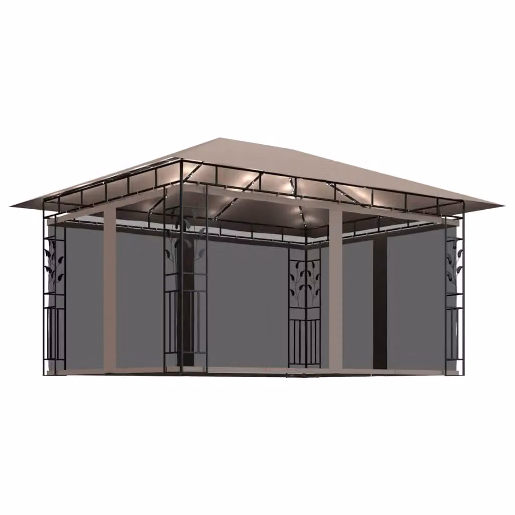 Berkfield Home Gazebo with Mosquito Net and LED String Lights, Beige, W: 400 cm, D: 300 cm, H: 273 cm