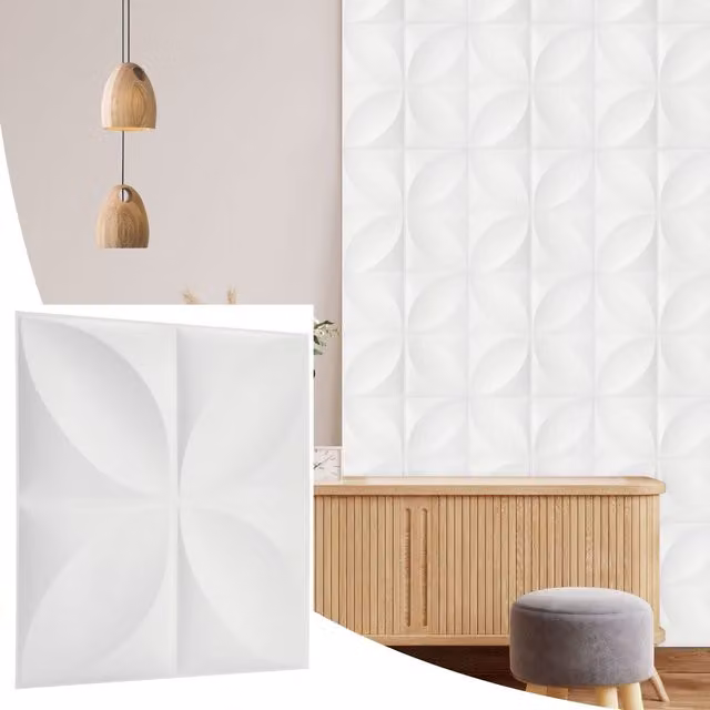 NOVECRAFTO Geometric 3D PVC Wall Panels in Matte White, W/D/H: 50 x 50 x 0.25 cm
