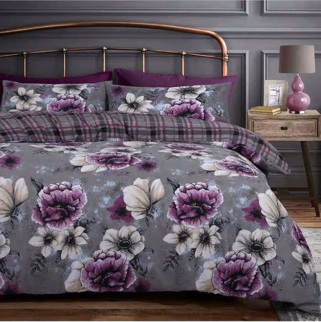Velosso Cassia Floral Duvet Cover and Pillowcase Set in Purple, W/D/H: 135 x 200 cm and 50 x 75 cm