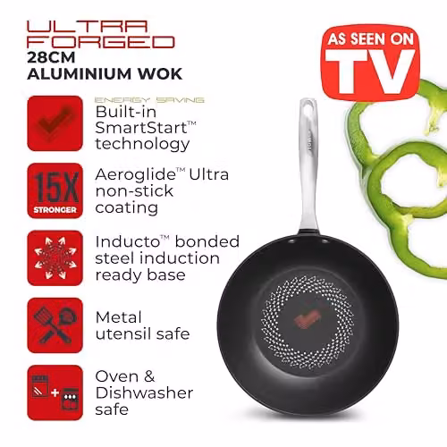 Tower SmartStart Ultra Forged 28cm Aluminium Wok with Aeroglide Non-Stick Coating, Black and Silver, Induction Compatible and Oven Safe – 2