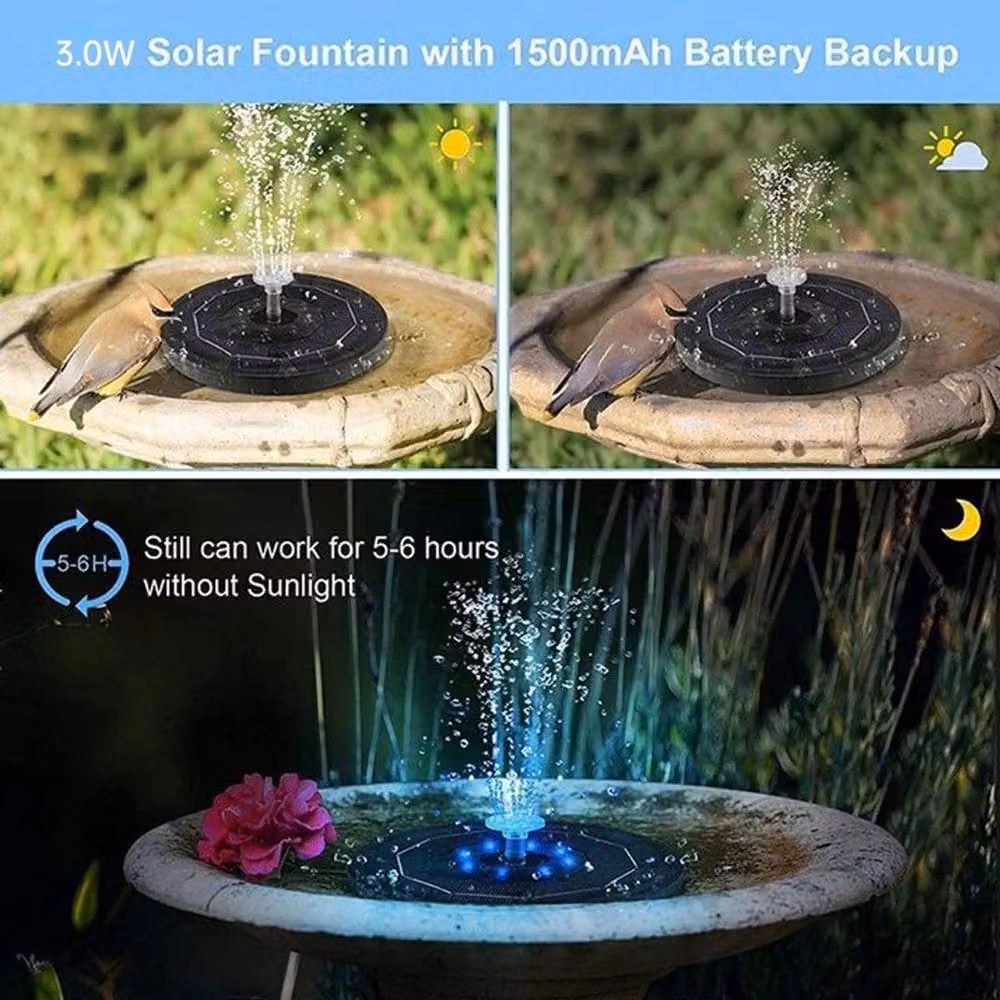 NESTLUNE Solar Fountain Pump with LED Lights and Battery Backup in Black, W: 100 cm, D: 15 cm – 5