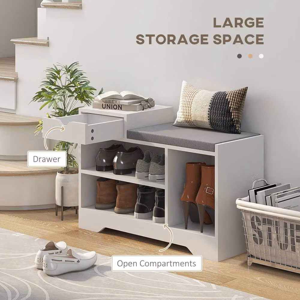 Wyld Haus Norata White Shoe Bench with Grey Fabric Cushioned Seat and Multi-Compartment Shoe Rack – 4