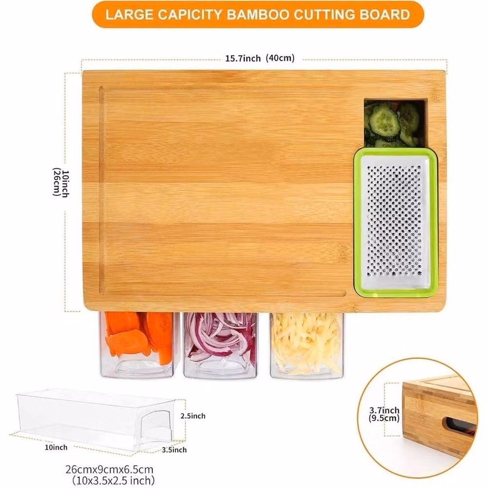 Kelvenix Brown Bamboo Cutting Board with 4 Containers and Groove – 2