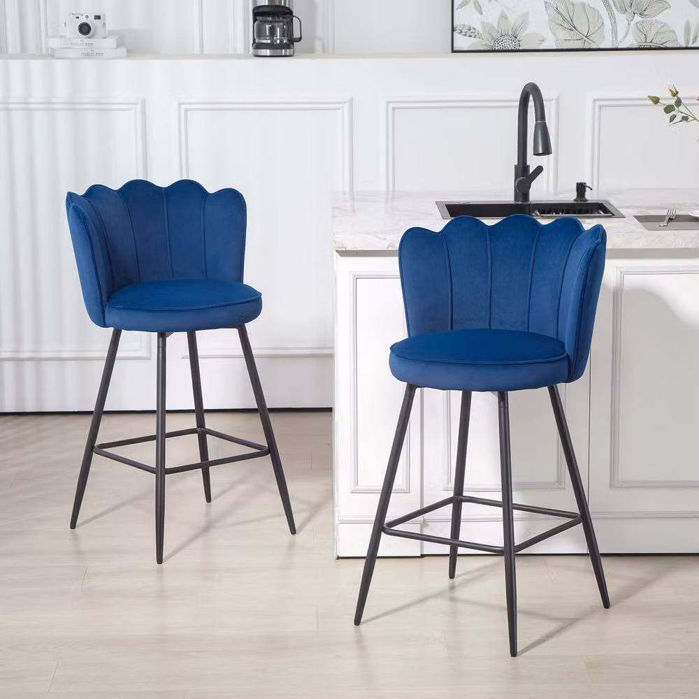 ERGOVEXA Set of Two Lotus Bar Stools in Blue Velvet with Metal Frame – 3
