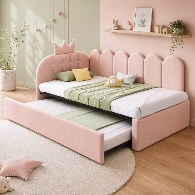 STILVORA Pink Velvet 3ft Single Bed Frame with Pull-Out Bed, W: 90 cm, D: 190 cm – 1