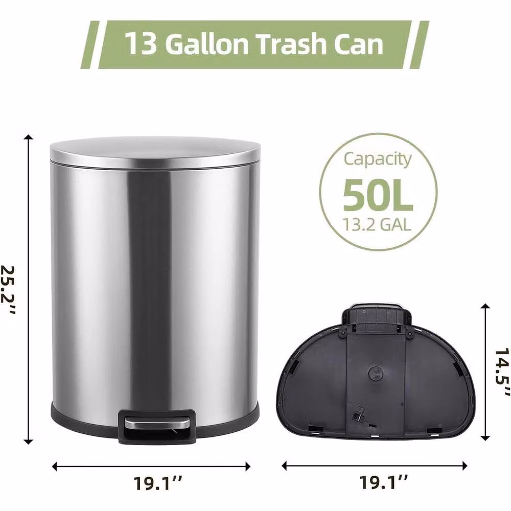 VOGREX 50L Stainless Steel Step On Trash Bin with Soft Close Lid in Metallic Silver – 2