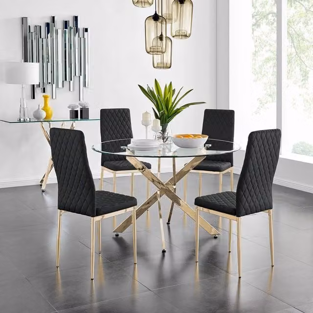 FurnitureboxUK Novara Gold Round Glass Dining Table and Four Milan Chairs in Black