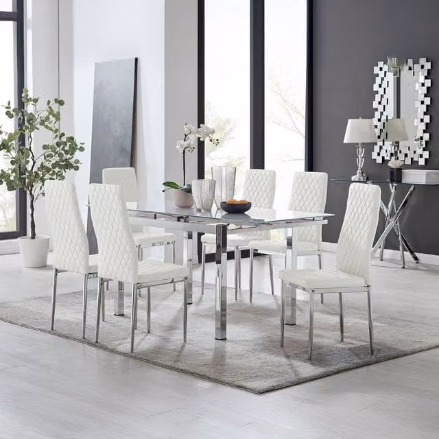 FurnitureboxUK Enna White Glossy Glass Extending Modern Kitchen Dining Table and 6 Milan Chairs
