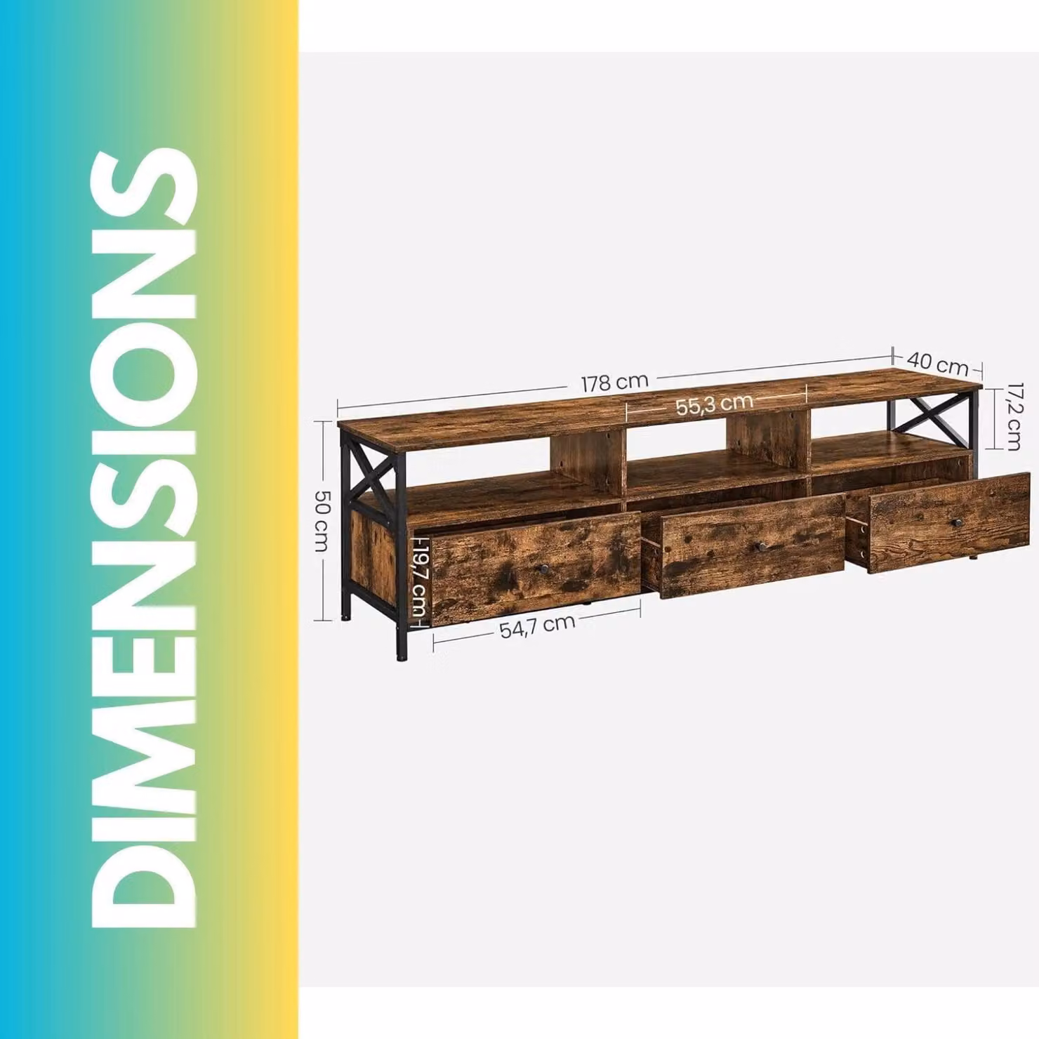 Pirlo Plush Industrial TV Stand Unit with 3 Drawers in Rustic Brown and Black, W: 178.0 cm, D: 50.0 cm, H: 50.0 cm – 3
