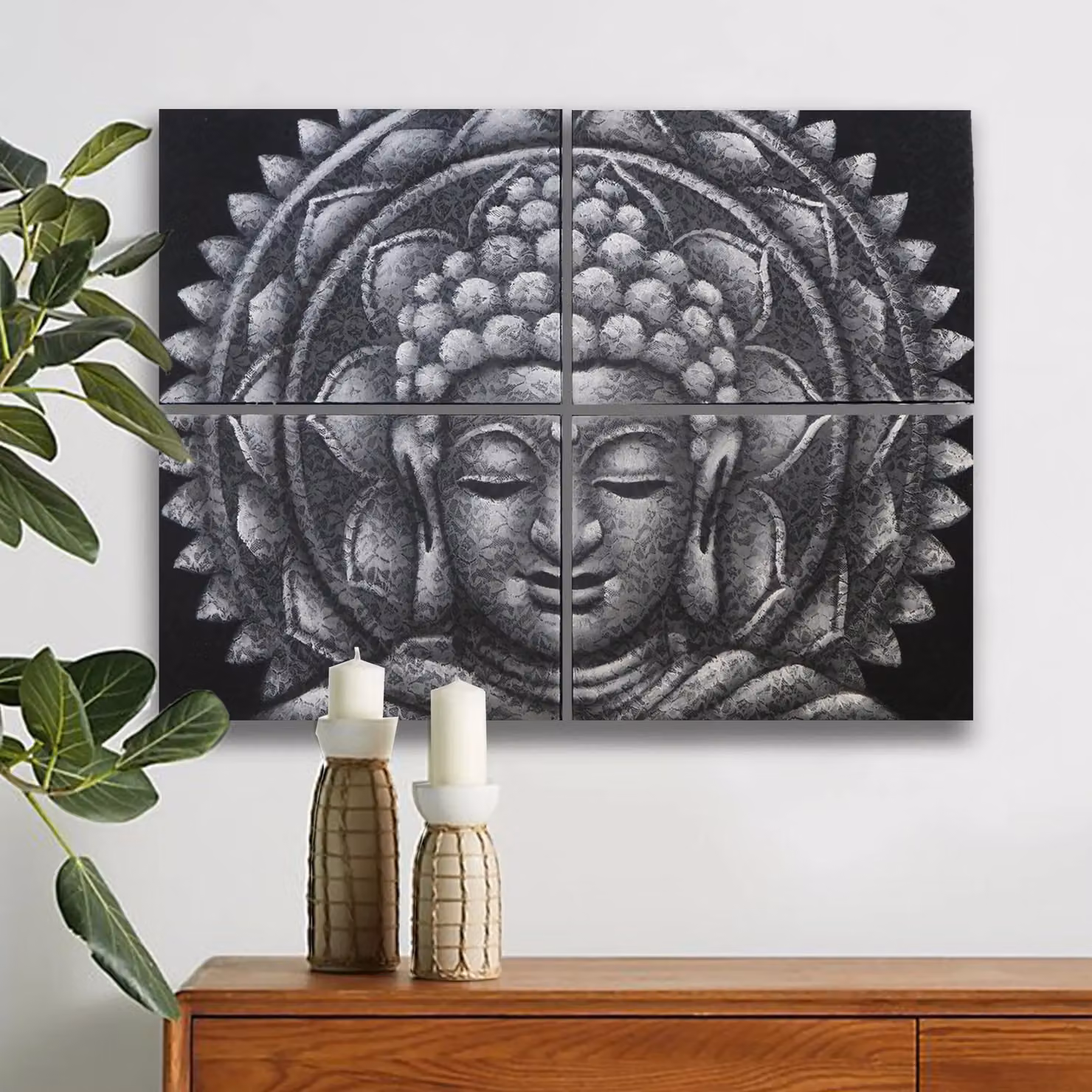 KDMD Set of 4 Grey Buddha Mandala Ethnic Canvas Wall Art, W: 30 cm, H: 40 cm – 2