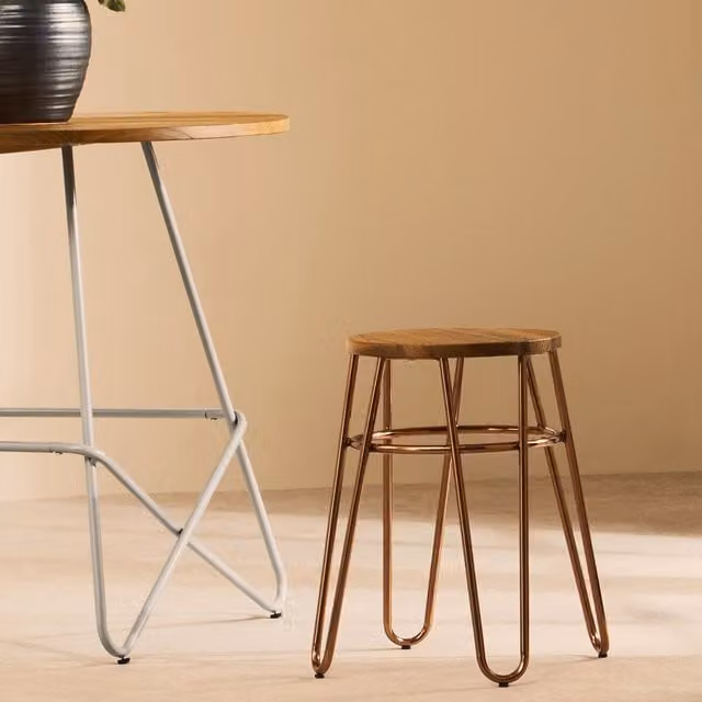 Premier Housewares Rose Gold Hairpin Stool with Wood and Metal Seat, W: 35 cm, D: 35 cm, H: 47.5 cm